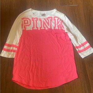 PINK Victoria's Secret White & Bright Pink Colorblock Baseball Tee